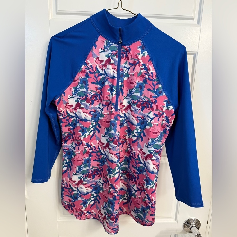 Jofit Long Sleeve UPF 30 Sun Shirt Blue Pink Floral Golf Top Size Small